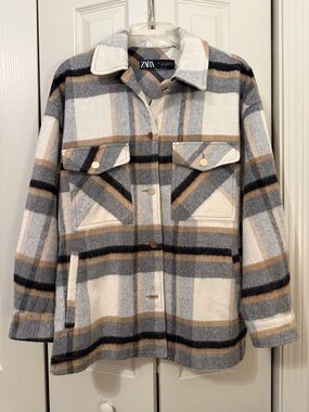 ZARA Plaid Shacket in Cream, Gray & Tan